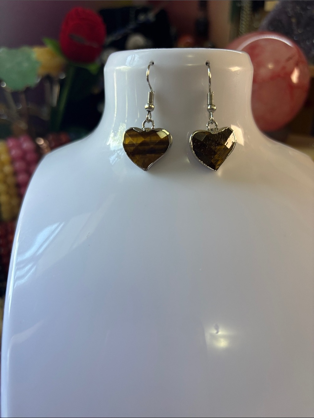 Tiger Eye Heart Shaped Dangle Earrings - Brown